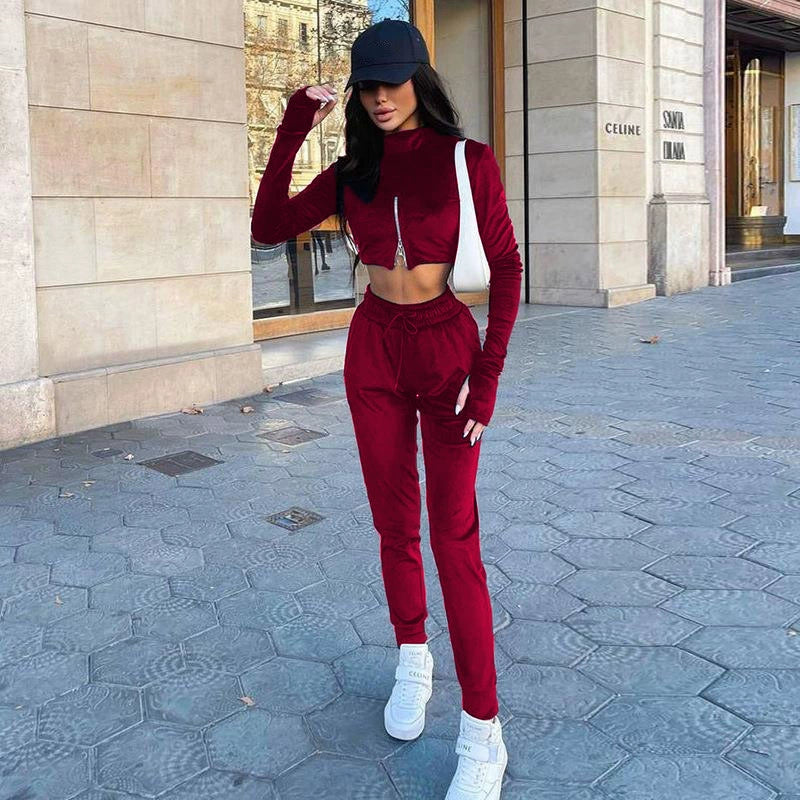 Reverse Zipper Women's Long Sleeve Crop Pullover Jacket + Drawstring Sweatpants Tracksuit