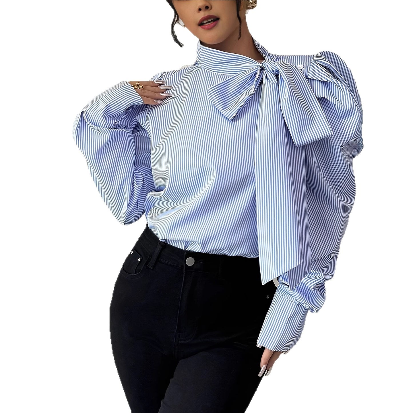 Baby Blue Oversized Pinstriped Bowtie Collar Long Balloon Sleeve Women's Blouse