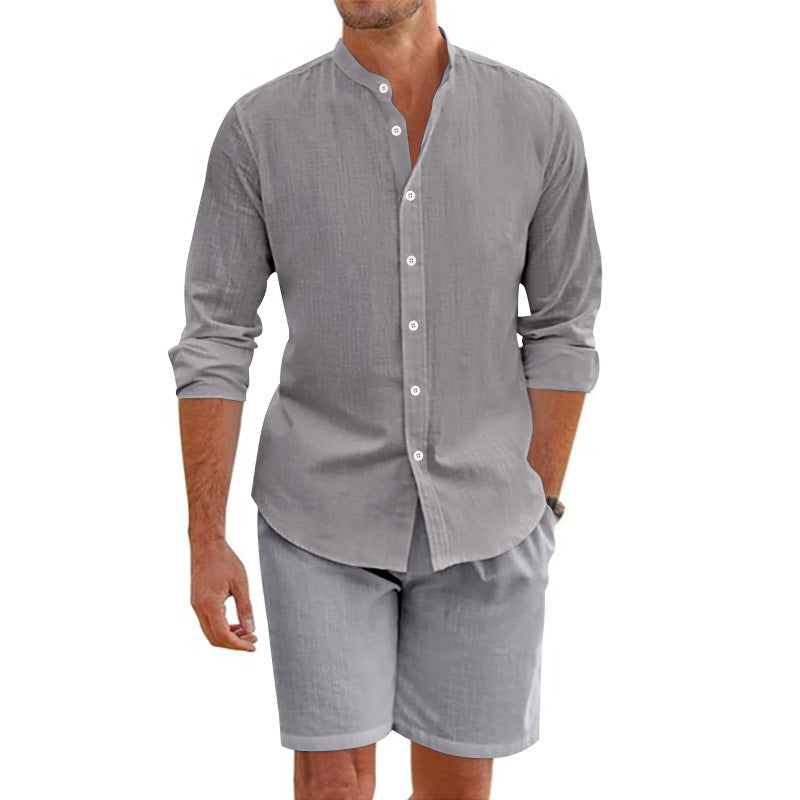 Men's O-Neck Button-Up Long Sleeve Top + Drawstring Shorts 2-Piece Set