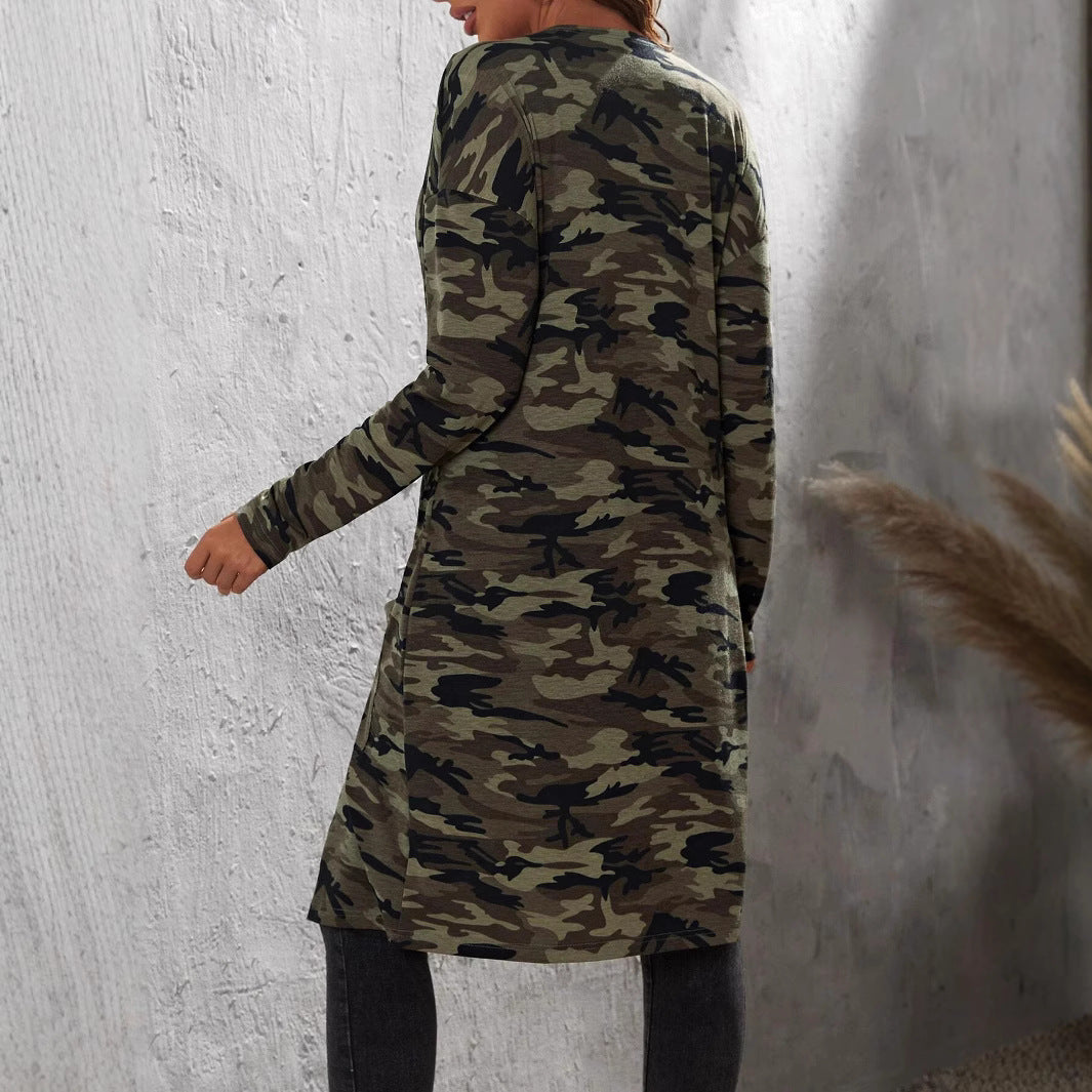 Camoflauge Printed Pocket Women's Long Sleeve Maxi Cardigan