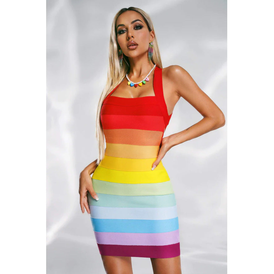 Rainbow Striped Colorblock Halter Strap Mini Criss-Cross Back Skinny Dress