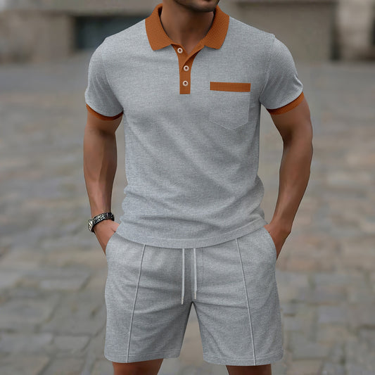 Men's Colorblock Waffle Pattern Turn-Down Collar Polo Shirt + Drawstring Shorts 2-Piece Set