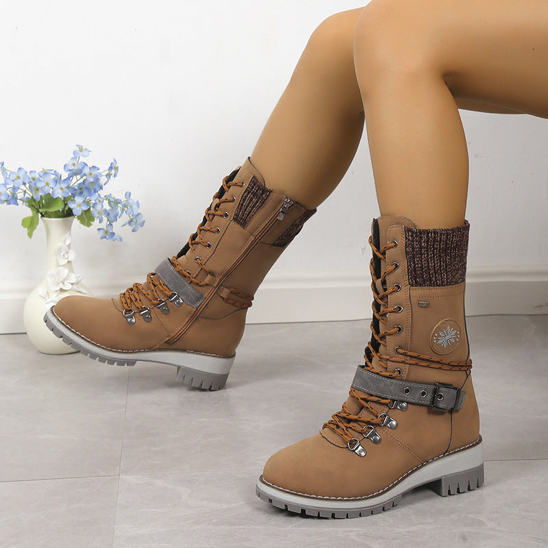 Women's Belt Strap Design Lace Up  Snowboots