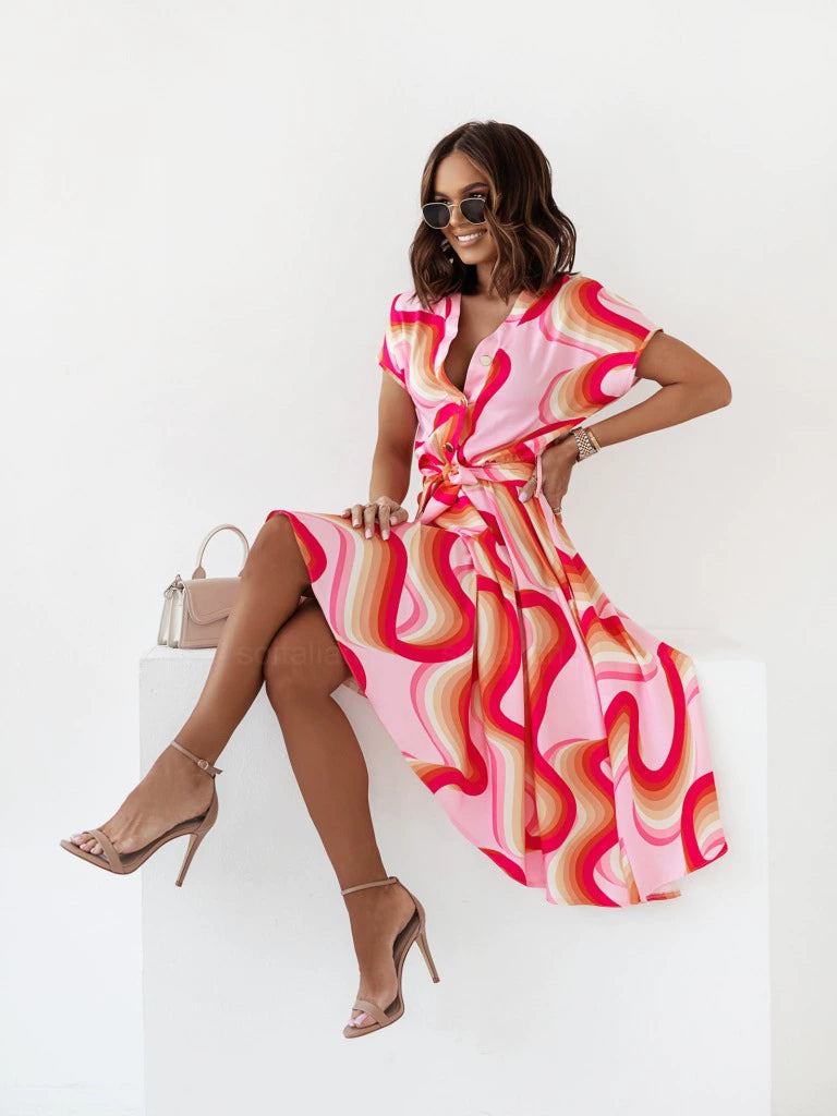 Swirl Design V-Neck Short Sleeve Temperament Midi Dress