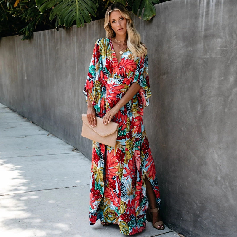 Leaf Print V-Neck Long Sleeve Maxi Dress