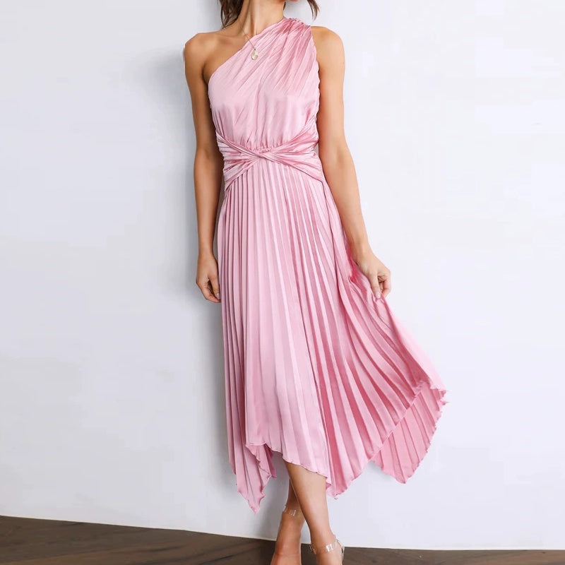 Satin Pleated Floral/Solid Asymmetrical One Shoulder Oblique Collar Maxi Dress w/ Sash Belt