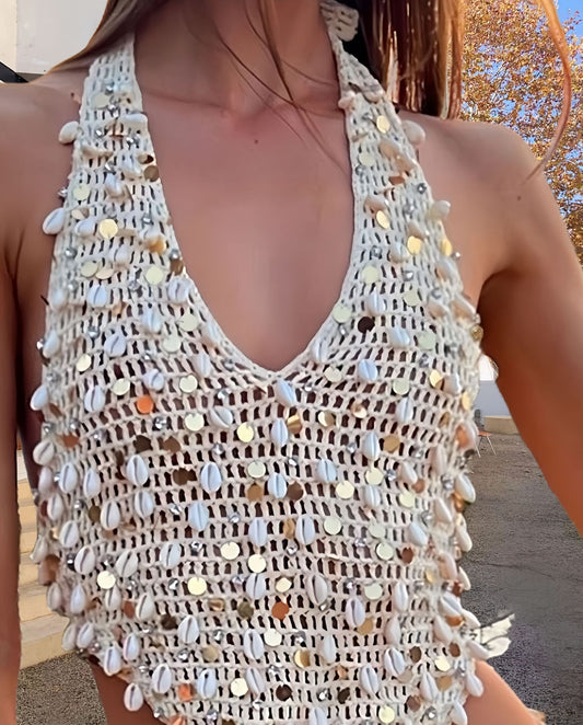 Sequin Metallic Shell Decor Sheer Sleeveless Women's V-Neck Backless Halter + Mini Skirt 2-Piece Set