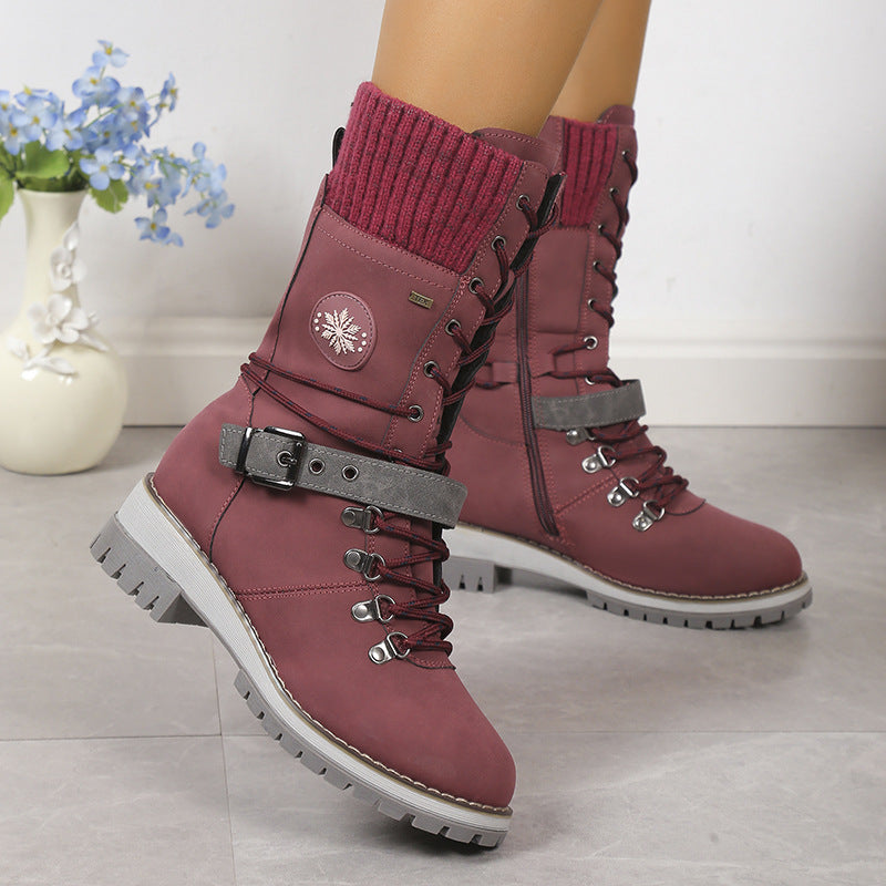 Women's Belt Strap Design Lace Up  Snowboots