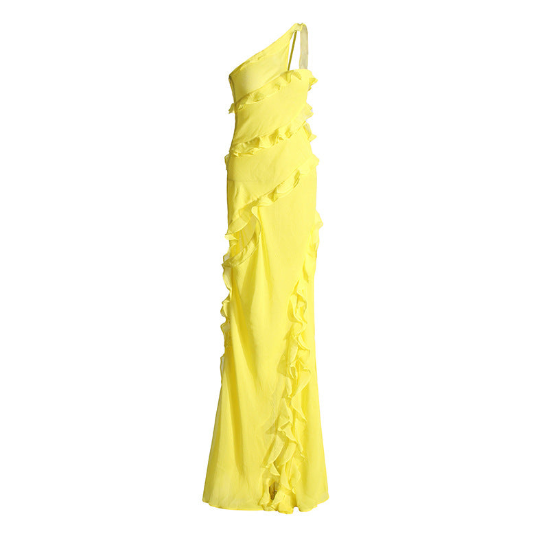 Yellow Asymmetrical One Shoulder Layered Ruffled Sleeveless Patchwork Slit Formal Maxi Dress