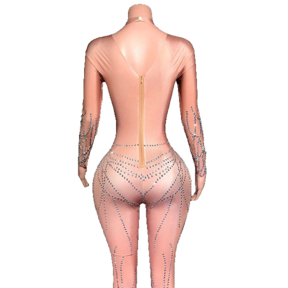 Silver Metallic Sparkling Rhinestone Transparent Skin Color Striped Long Sleeve Women's Skin Tight Formal Stage Performance Jumpsuit