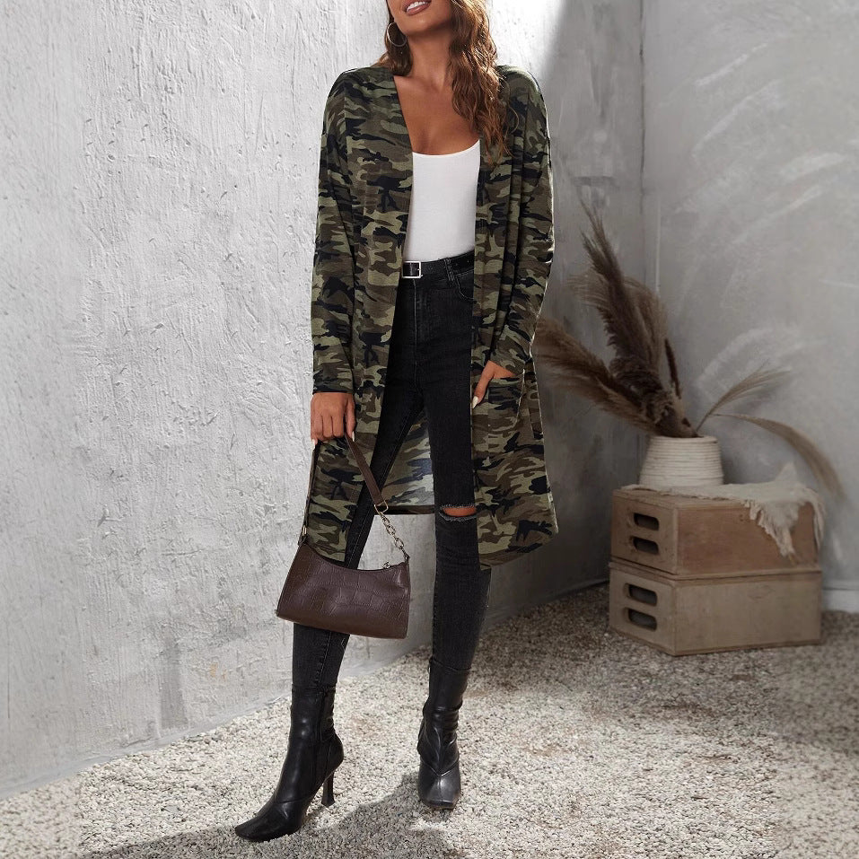 Camoflauge Printed Pocket Women's Long Sleeve Maxi Cardigan