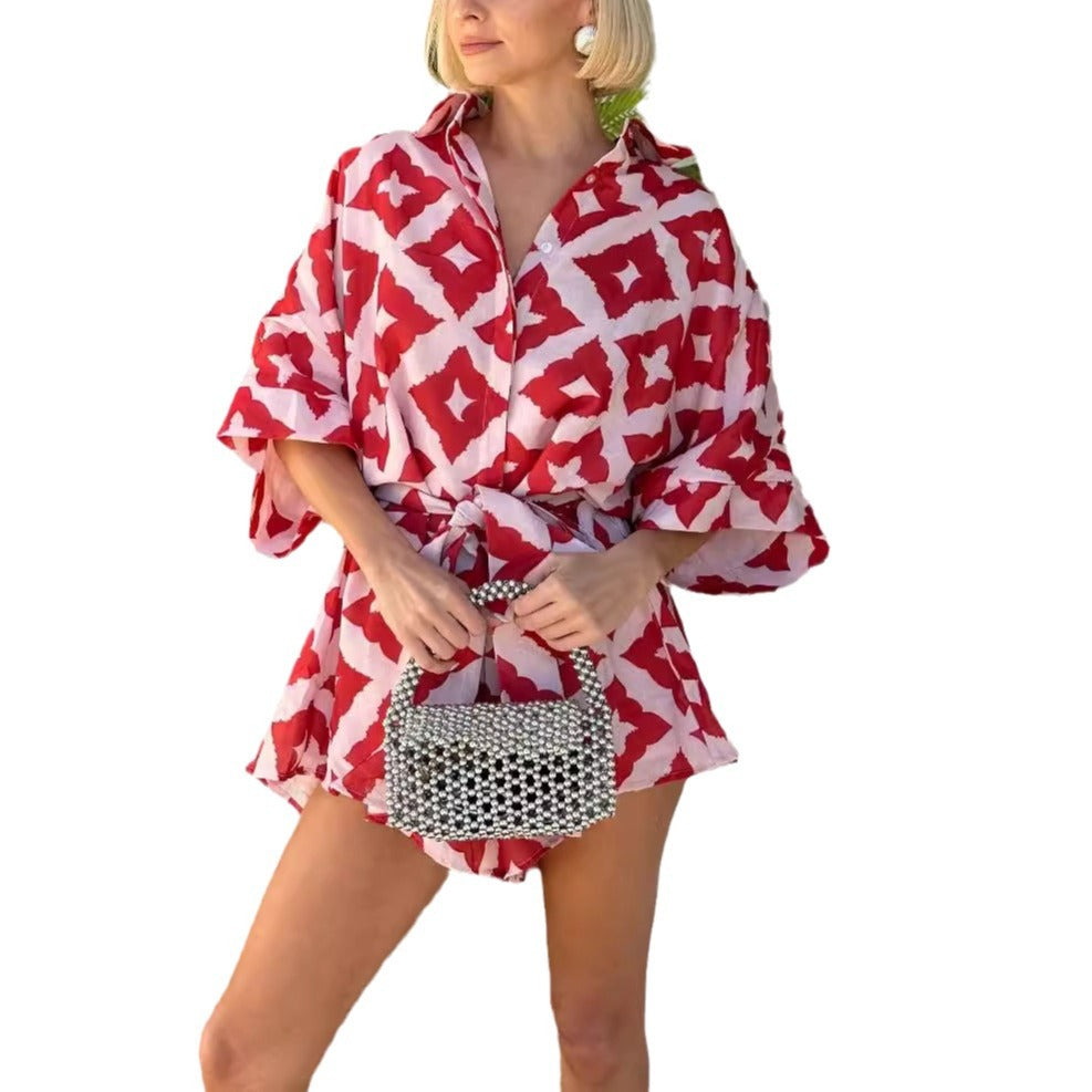 Red/Pink Geometric Print Women's Turn-Down Collar Short Batwing Sleeve Sash Belt Shorts Romper