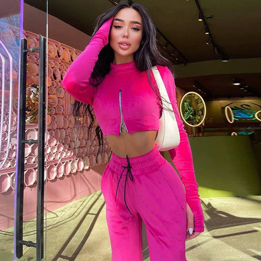 Reverse Zipper Women's Long Sleeve Crop Pullover Jacket + Drawstring Sweatpants Tracksuit
