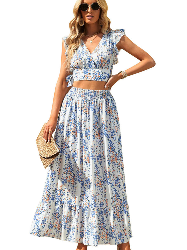 Lotus Leaf Print Crop V-Neck Top + Ruffled Hem Maxi Skirt Two-Piece Set