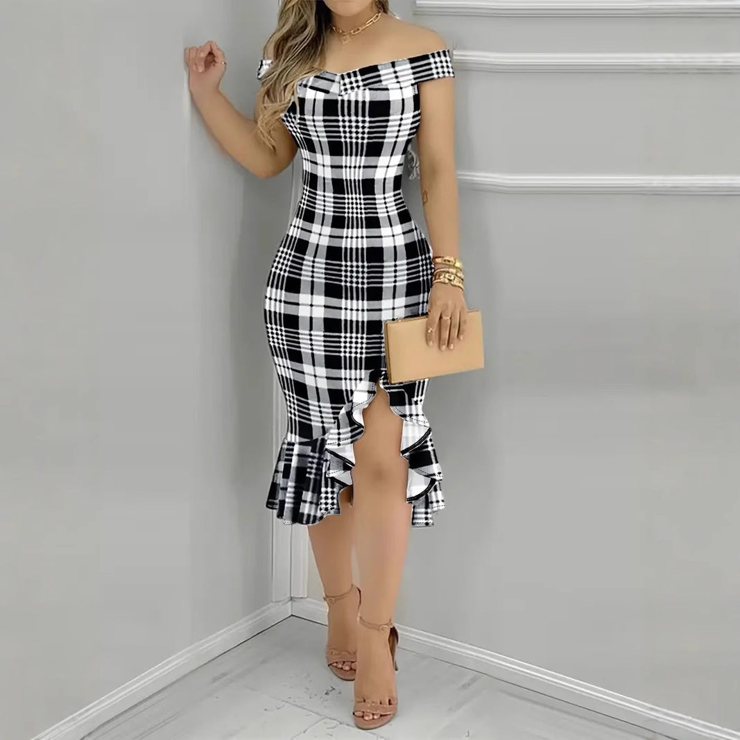Floral/Plaid/Geometric Print Off-the-Shoulder Ruffled Bodycon Midi Dress