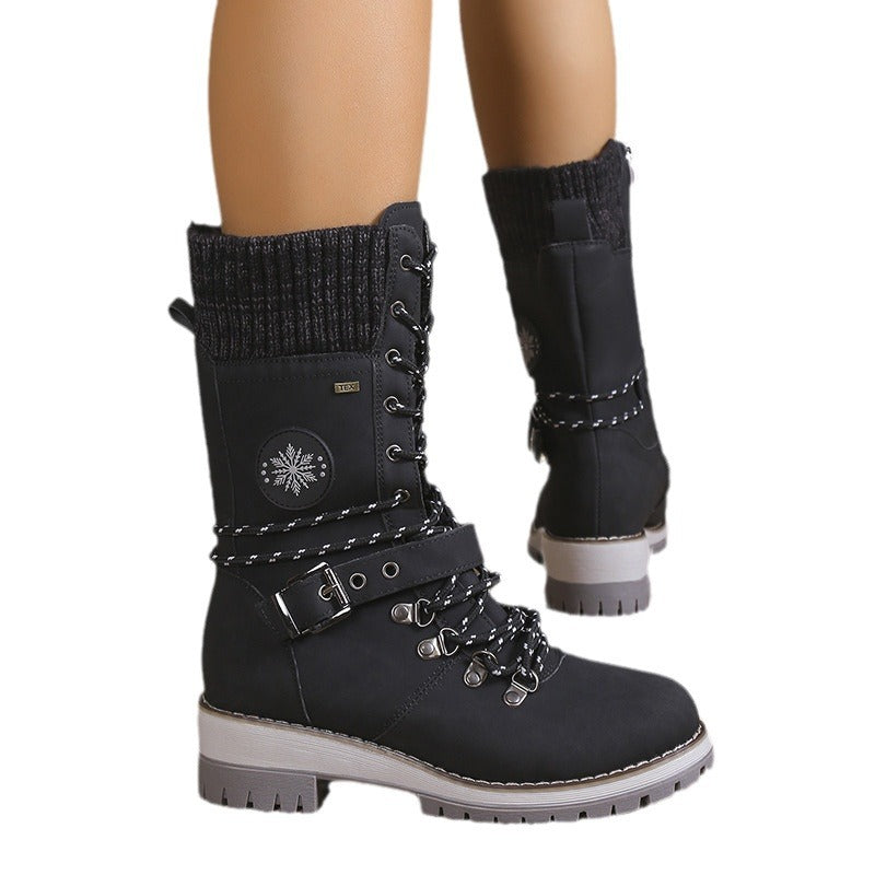 Women's Belt Strap Design Lace Up  Snowboots