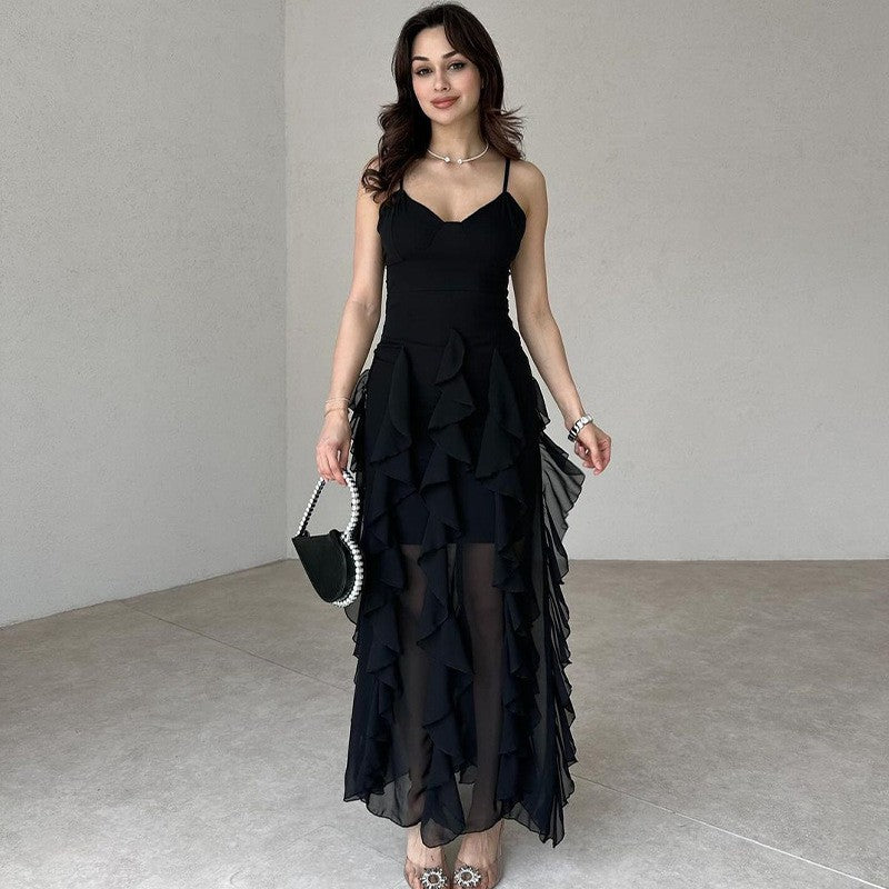 Ruffled Skinny Layered Sheer Patchwork Sleeveless Spaghetti Strap Maxi Party Dress
