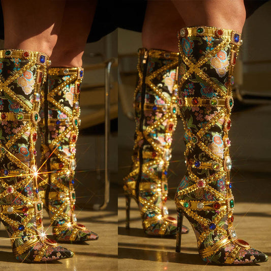Rhinestone Baroque Metallic Floral Gold/Black Gladiator Stiletto Heel Knee-High Women's Boots