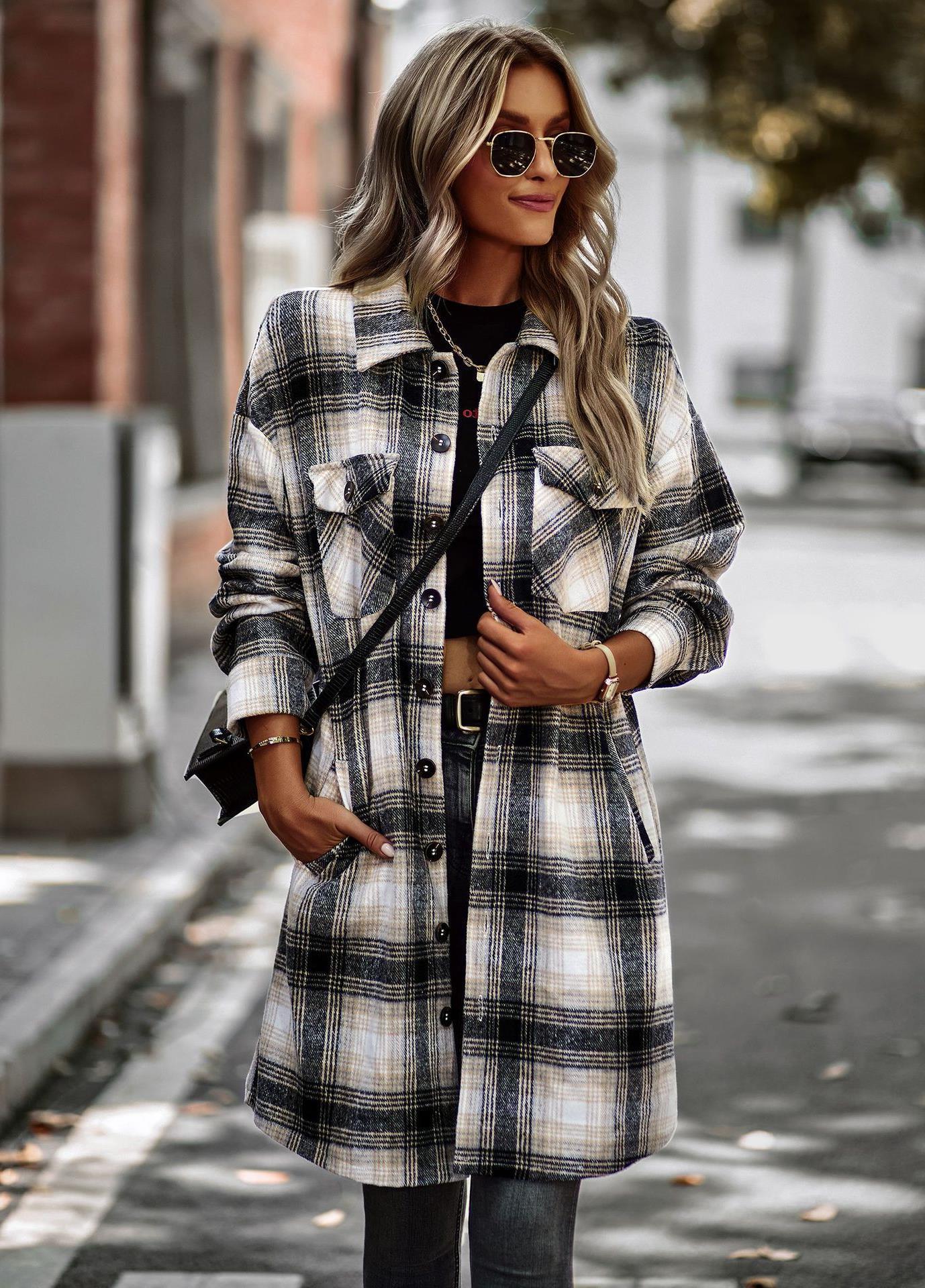 Plaid Print Turn-Down Collar Long Sleeve Women's Shacket