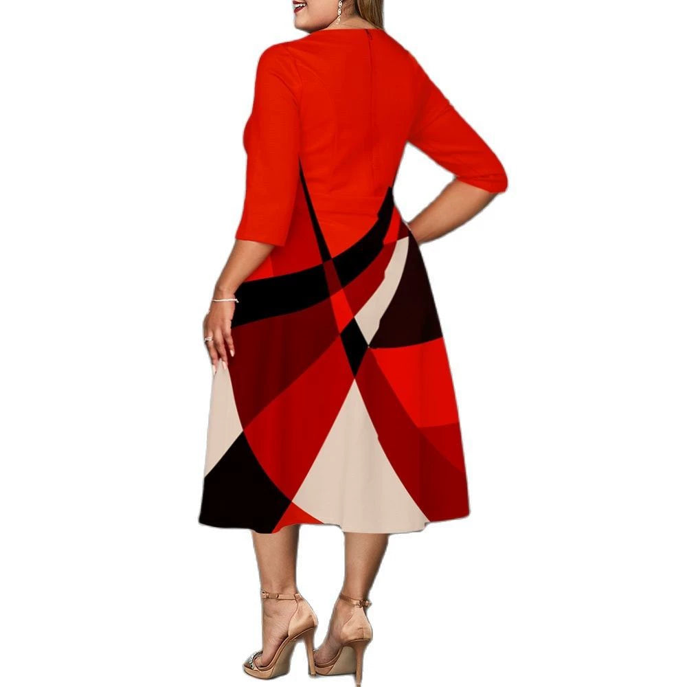 Colorblock Abstract Geometric Temperament A-Line Bodycon Dress to 5X Plus Size