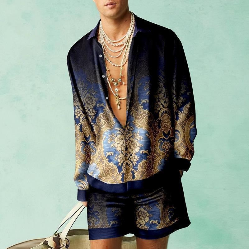 Men's Open V-Neck Floral/Baroque/African/Music Note 3D Printed Long Sleeve Shirt + Shorts 2-Piece Summer Set