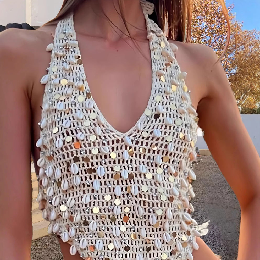 Sequin Metallic Shell Decor Sheer Sleeveless Women's V-Neck Backless Halter + Mini Skirt 2-Piece Set