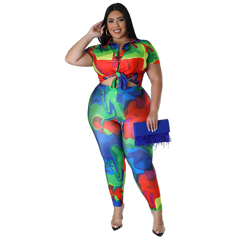 Tropical Tie-Dye Geometric Print Turn-Down Collar Short Sleeve Top + Skin Tight Leggings 2-Piece Set to 4X Plus Size