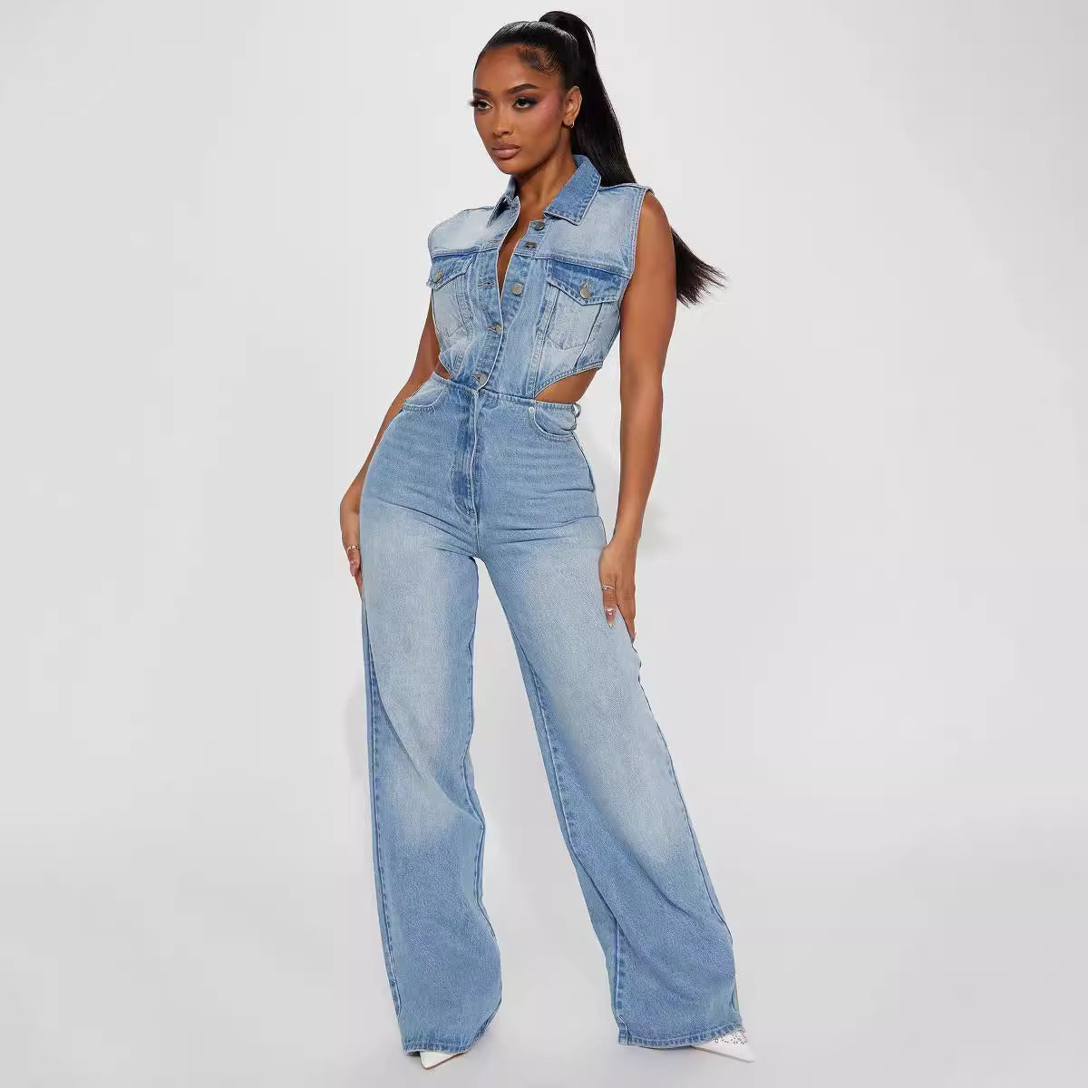 Denim Light Blue Gradient Washed Women's Hollow-Out Double Pocket Sleeveless Turn-Down Collar Overall Jean Jumpsuit