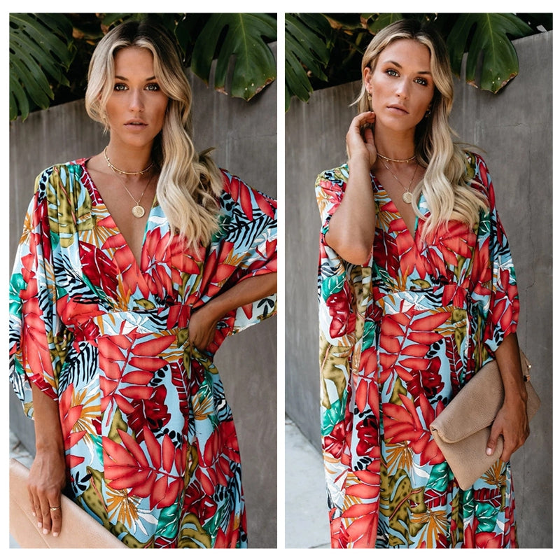 Leaf Print V-Neck Long Sleeve Maxi Dress