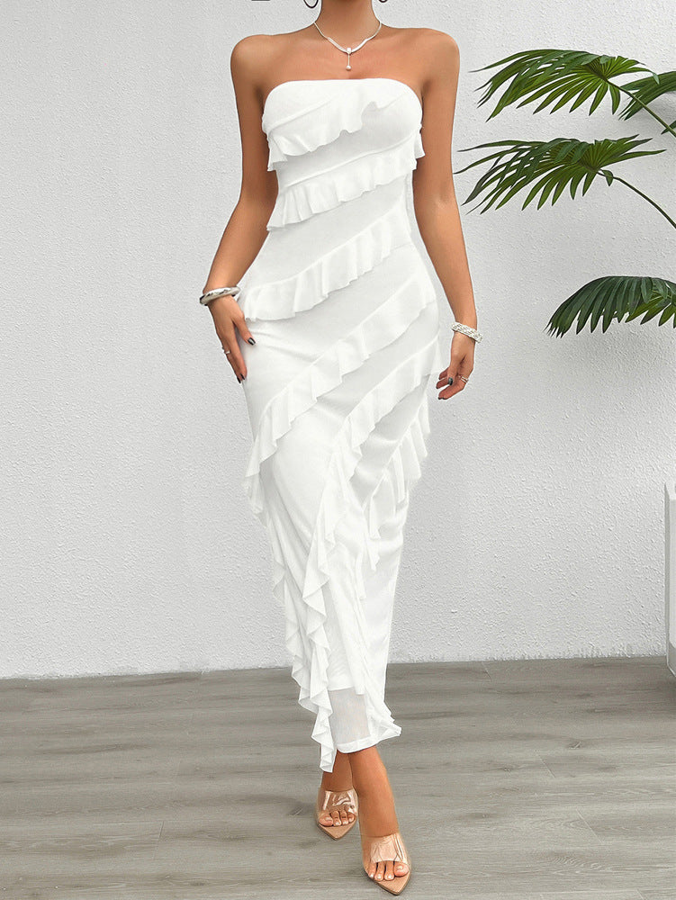 Sleeveless Tassel Fringe Detail Solid Color High Slit Tube Maxi Dress