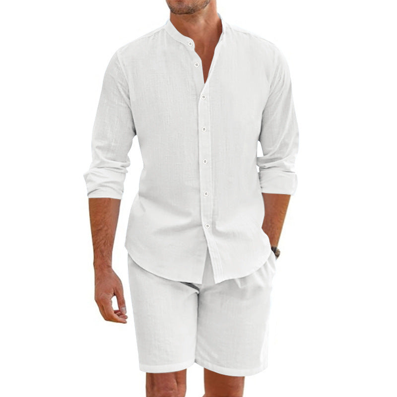 Men's O-Neck Button-Up Long Sleeve Top + Drawstring Shorts 2-Piece Set