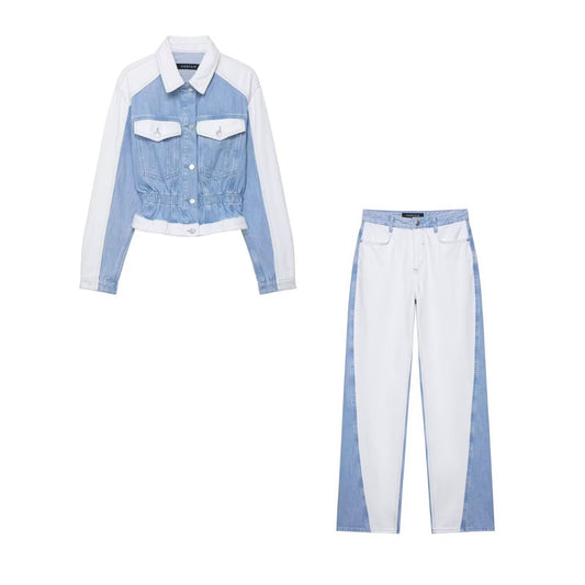 Denim Blue/White Women's Patchwork Double Pocket Design Cropped Jean Jacket + Colorblock Mid-Waist Straight Jeans 2-Piece Set-SOLD AS SEPARATES