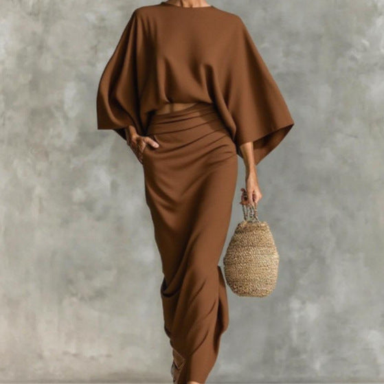 Wide Sleeve Solid Color Loose Women's Top + Ruched Maxi Skirt 2-Piece Set to 3X Plus Size