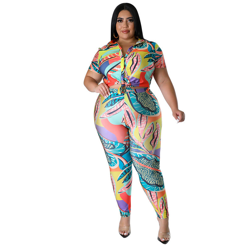 Tropical Tie-Dye Geometric Print Turn-Down Collar Short Sleeve Top + Skin Tight Leggings 2-Piece Set to 4X Plus Size
