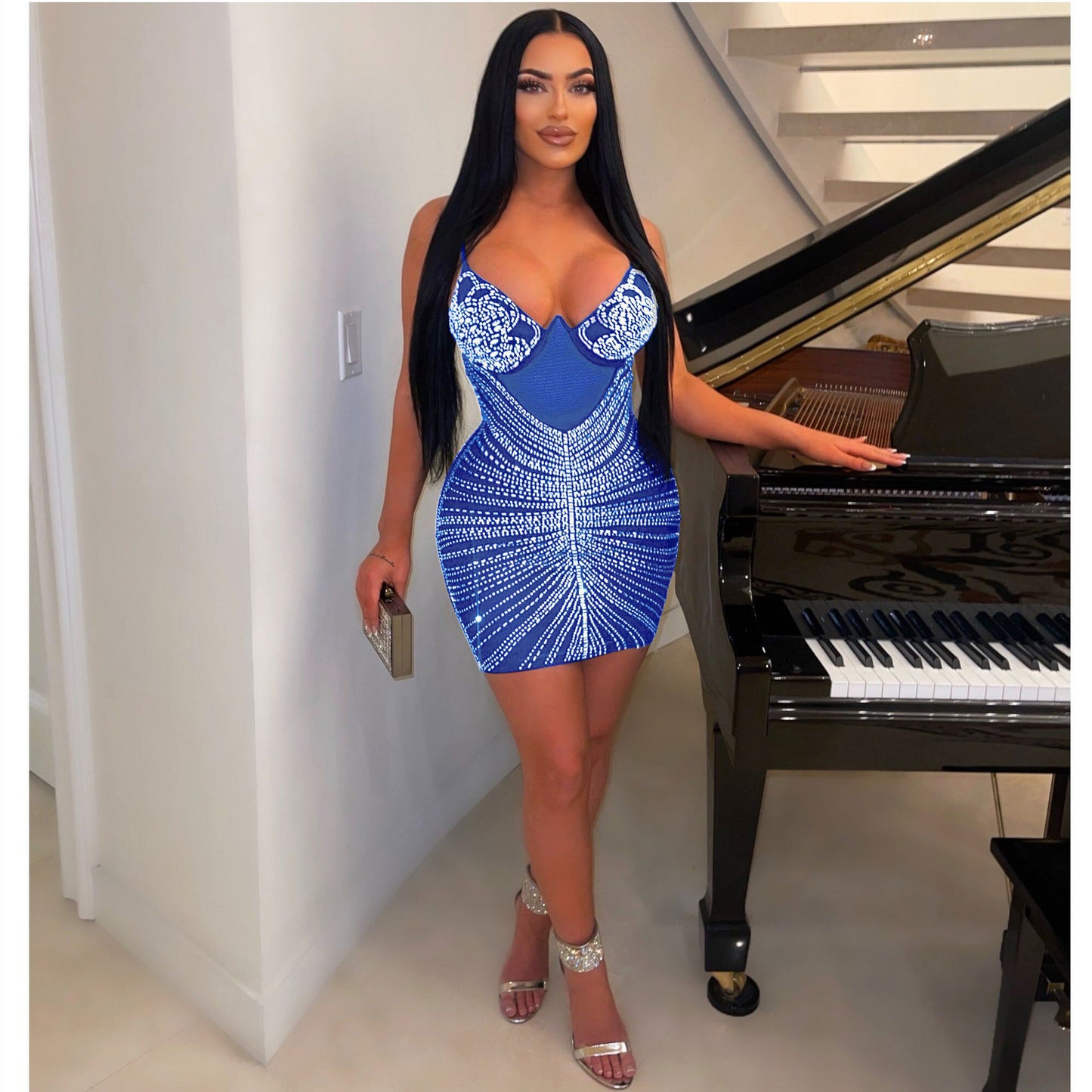 Sparkling Metallic Rhinestone Decor Sleeveless Hot Drill Mini Sling Formal Dress to 3X Plus Size