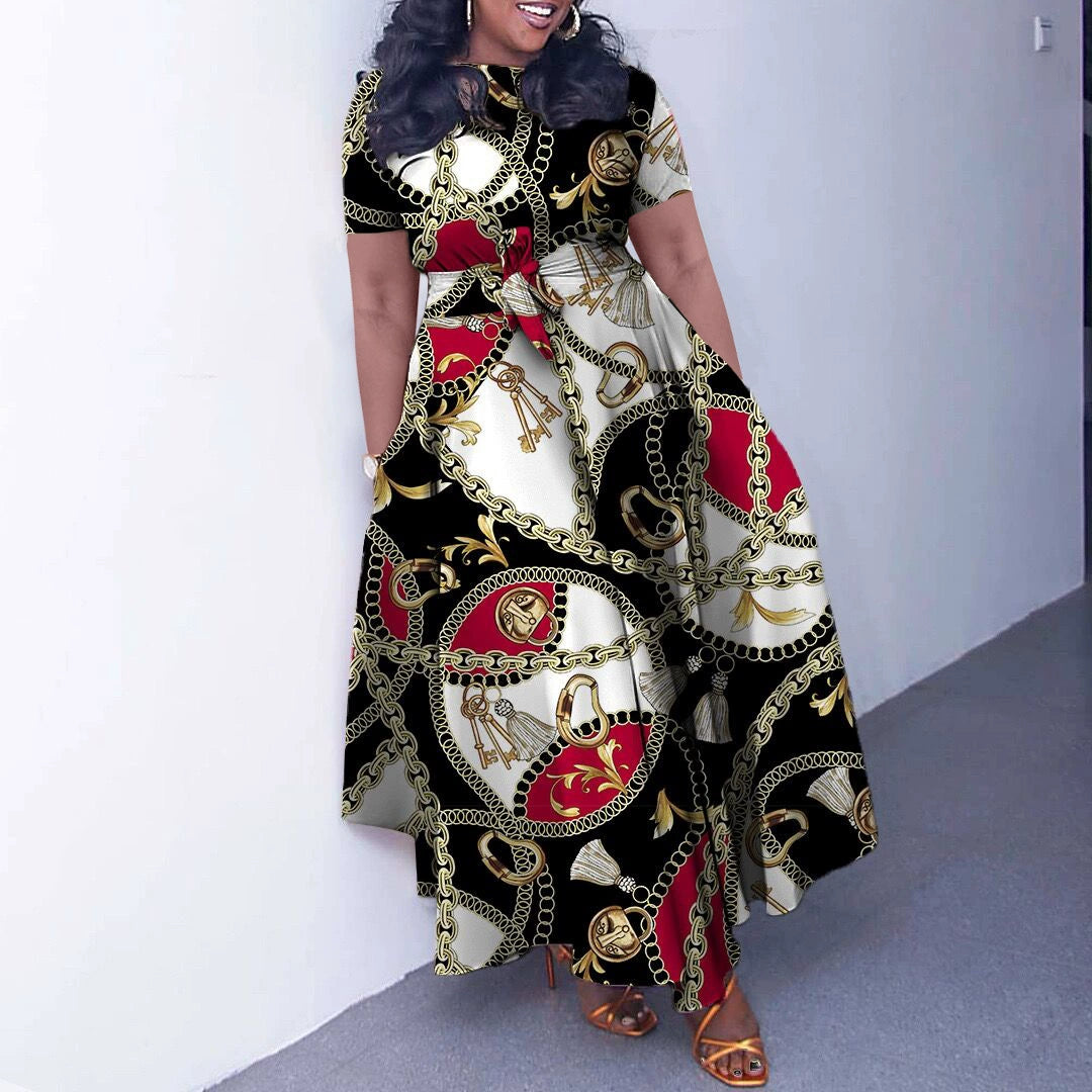 Camoflauge/Newspaper/Faux Denim Colorblock/Floral/Baroque/Geometric/Polka Dot Print Short Sleeve Maxi Office Dress to 3X Plus Size