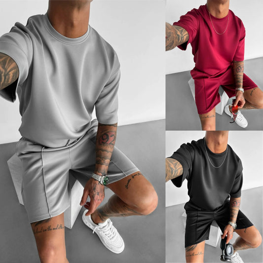 Men's Solid Color Short Sleeve O-Neck T-Shirt + Shorts 2-Piece Set