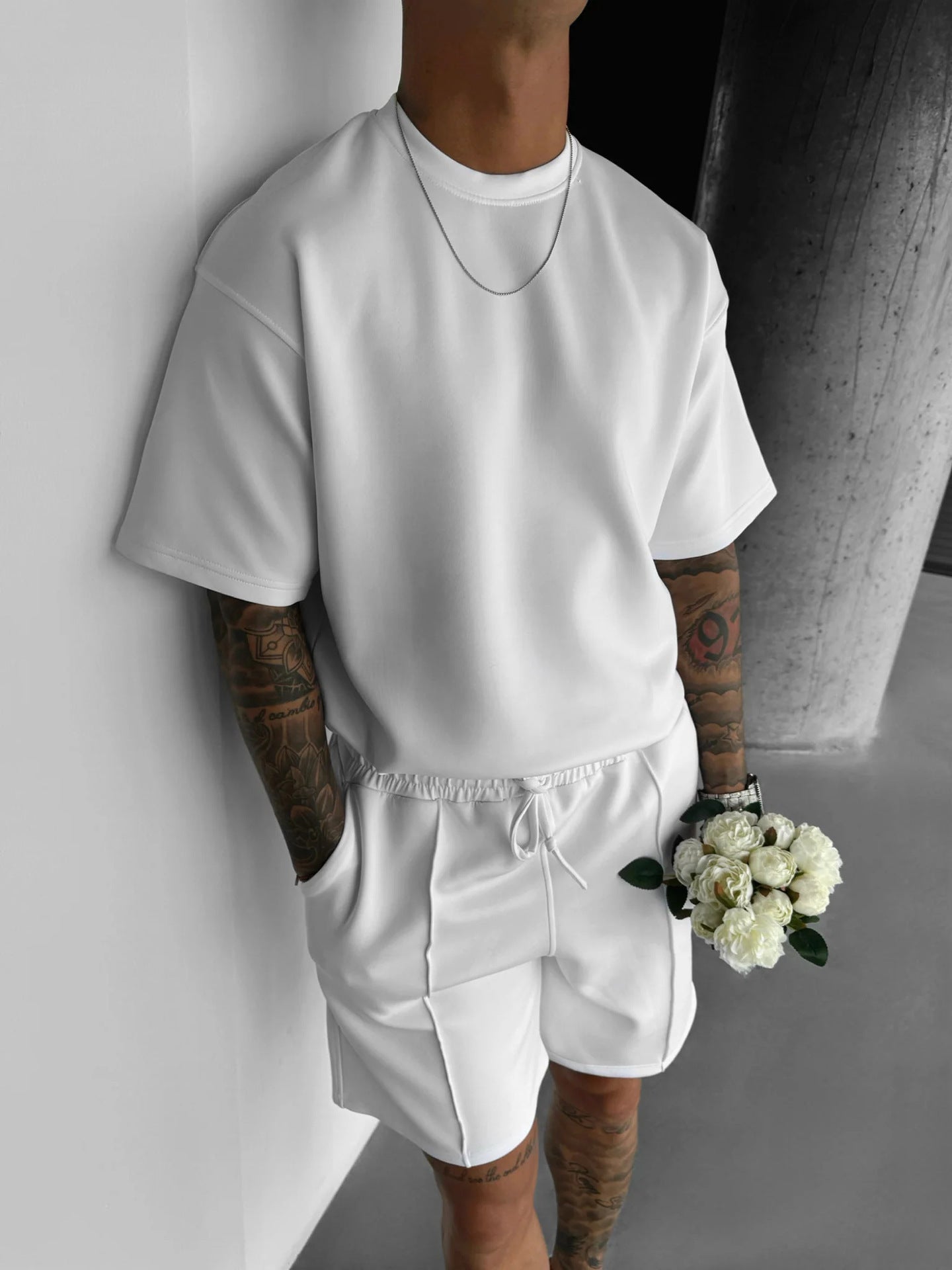 Men's Solid Color Short Sleeve O-Neck T-Shirt + Shorts 2-Piece Set