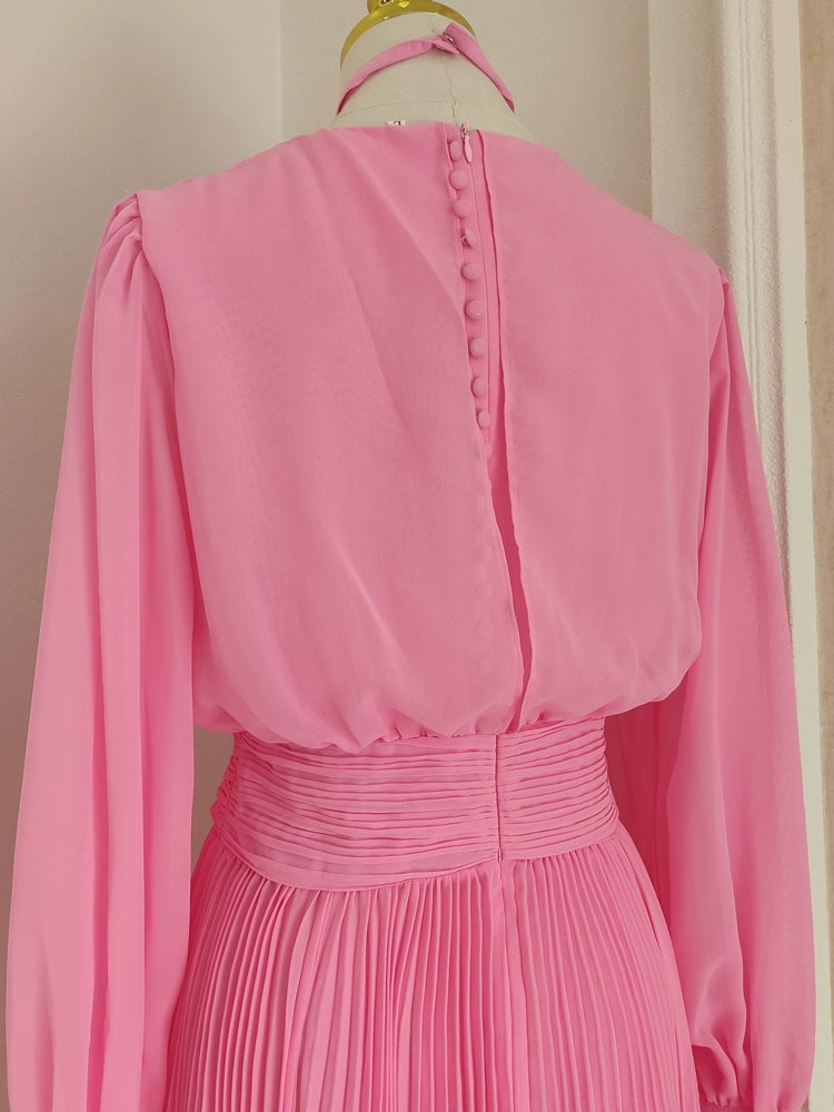 Pink Bowtie Neck French Style Slim Long Sleeve Pleated Skirt Dress