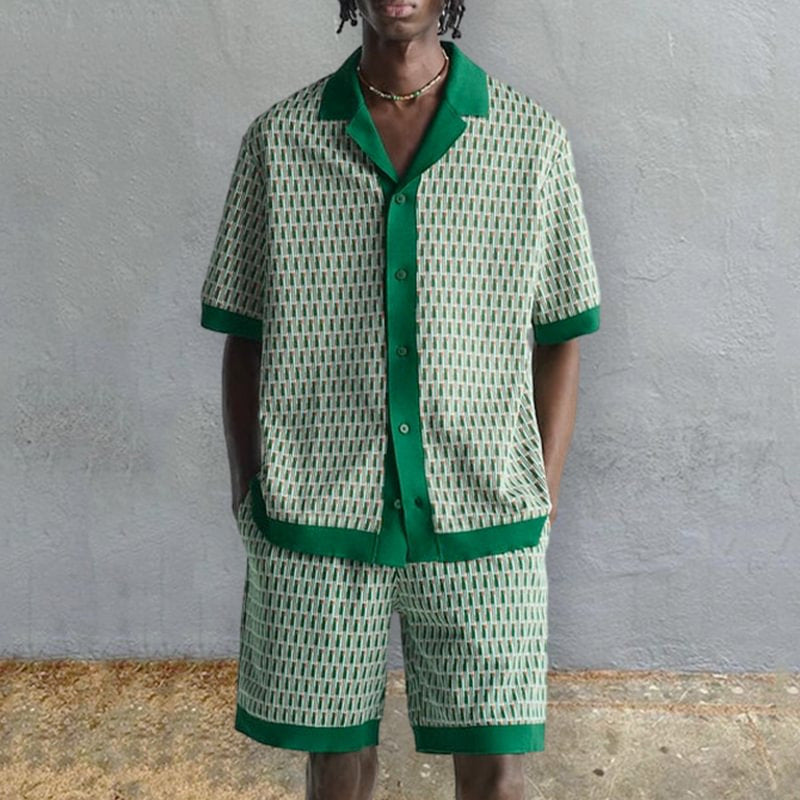 Men's Green/White Short Sleeve Turn-Down Collar Shirt + Shorts 2-Piece Set
