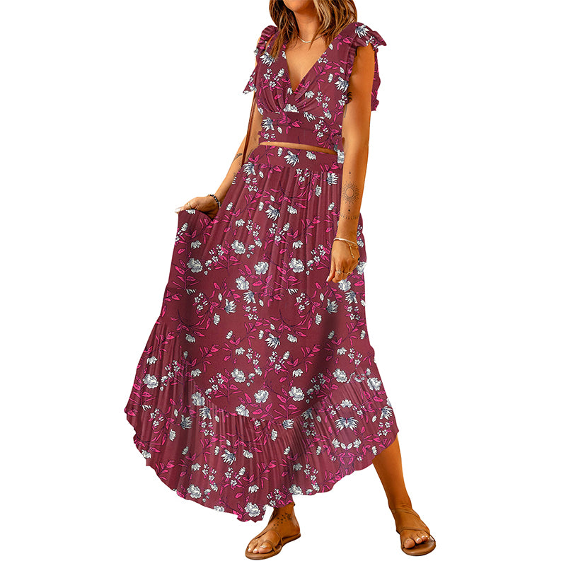 Lotus Leaf Print Crop V-Neck Top + Ruffled Hem Maxi Skirt Two-Piece Set