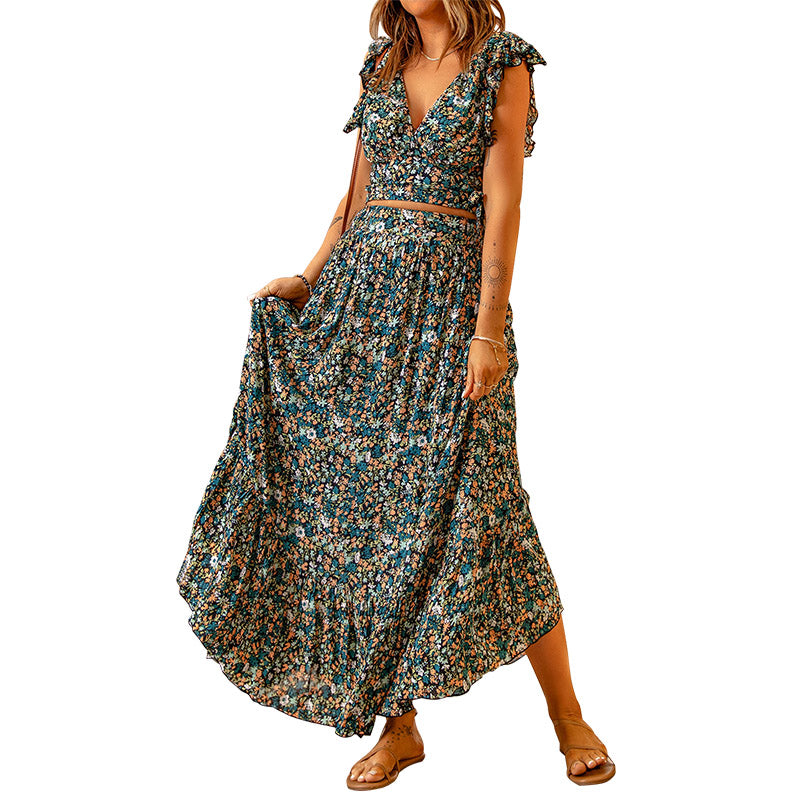 Lotus Leaf Print Crop V-Neck Top + Ruffled Hem Maxi Skirt Two-Piece Set