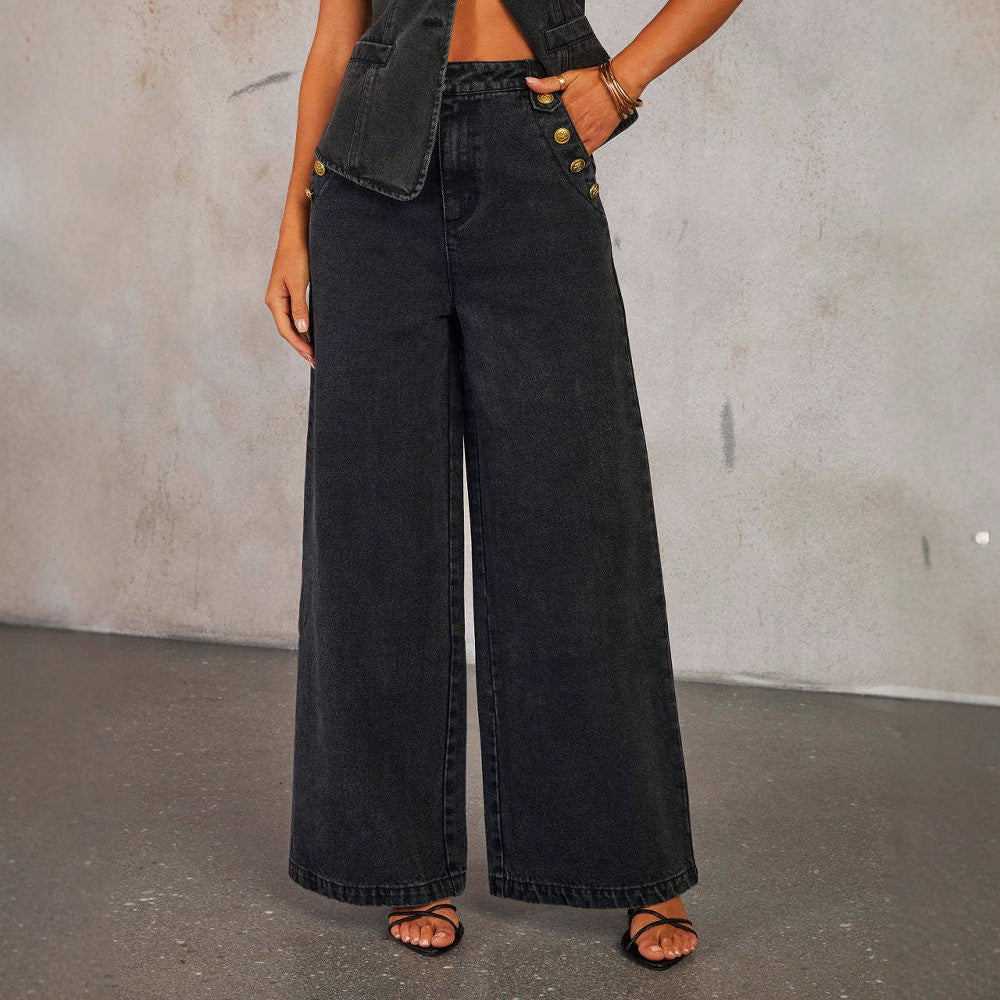 Denim Light Blue/Black Sleeveless Gold Button Detail Women's Jean Vest + Wide Leg Straight Jeans 2-Piece Set