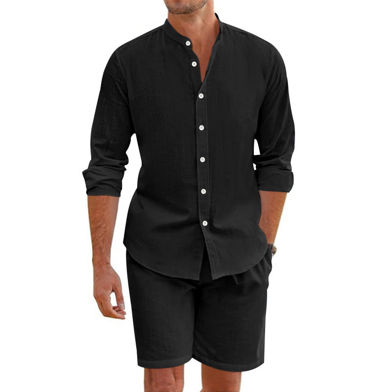 Men's O-Neck Button-Up Long Sleeve Top + Drawstring Shorts 2-Piece Set