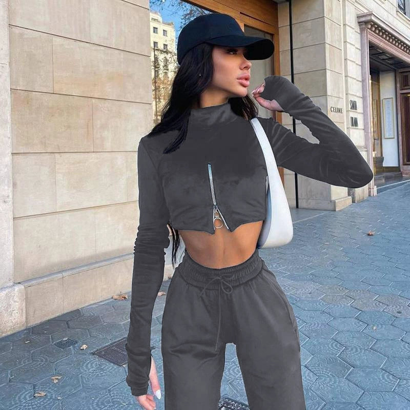 Reverse Zipper Women's Long Sleeve Crop Pullover Jacket + Drawstring Sweatpants Tracksuit