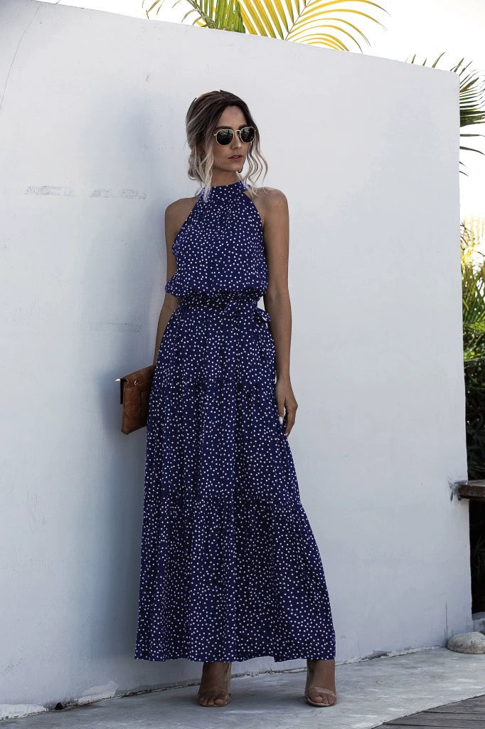 Floral/Polka Dot Halter Beach Maxi Dress