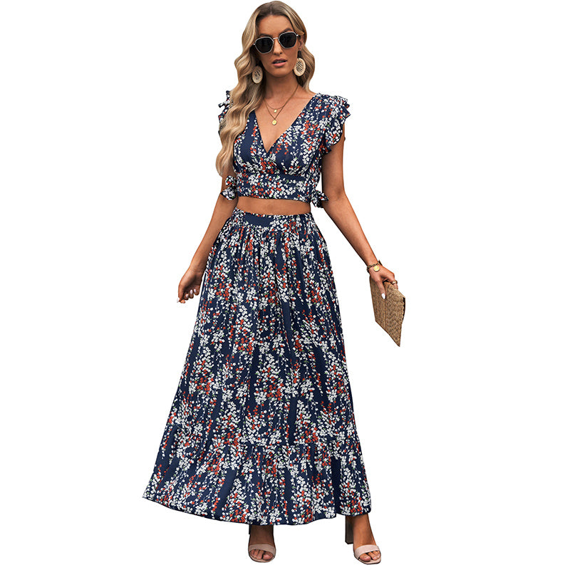 Lotus Leaf Print Crop V-Neck Top + Ruffled Hem Maxi Skirt Two-Piece Set