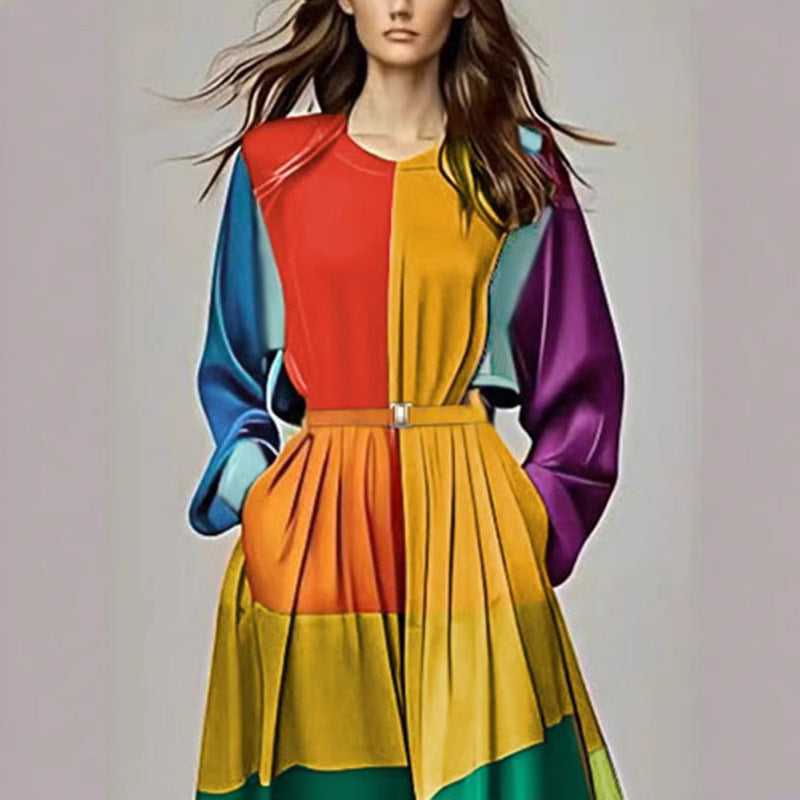 Rainbow Striped Colorblock Long Sleeve Loose O-Neck Maxi Dress w/ Sash Belt