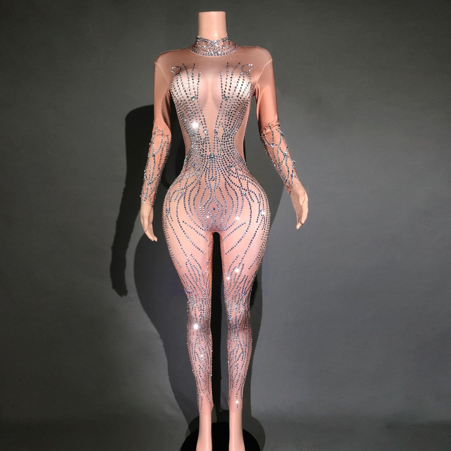 Silver Metallic Sparkling Rhinestone Transparent Skin Color Striped Long Sleeve Women's Skin Tight Formal Stage Performance Jumpsuit