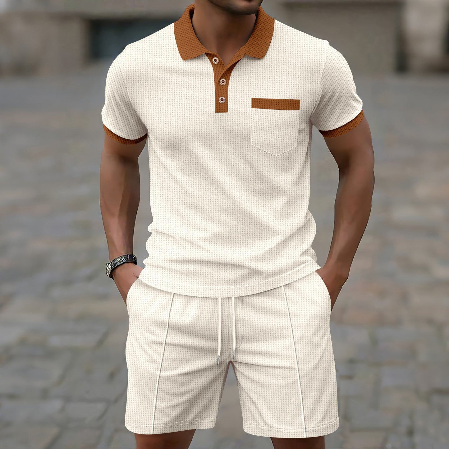 Men's Colorblock Waffle Pattern Turn-Down Collar Polo Shirt + Drawstring Shorts 2-Piece Set